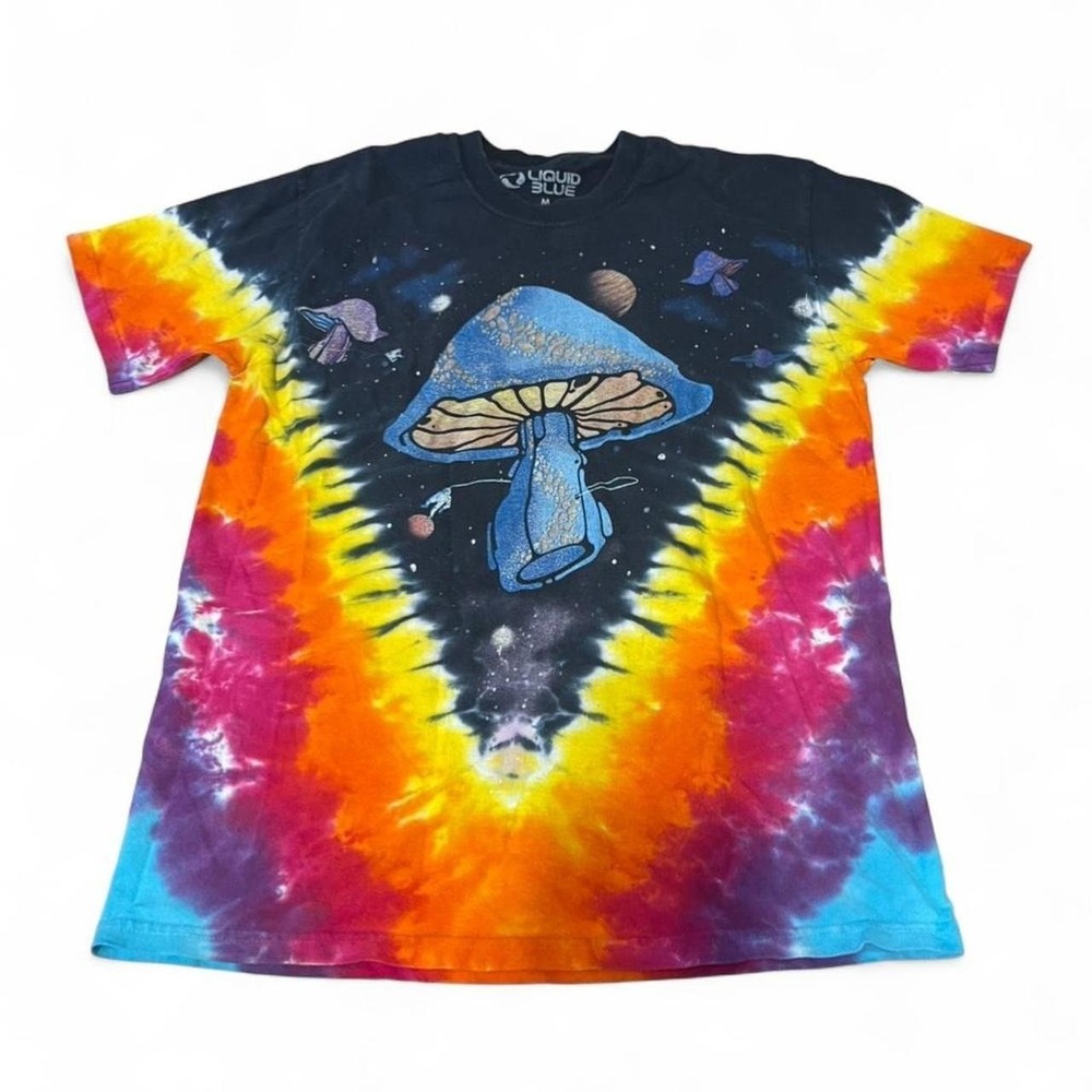Liquid Blue Mushroom Tie Dye Space Planet Graphic T-Shirt Men's Medium
